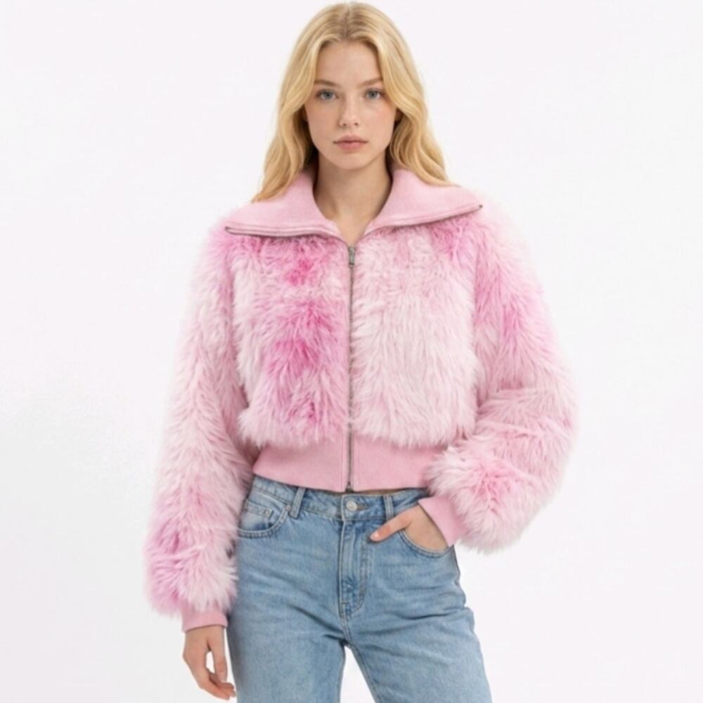 NWT Silence + Noise Portia Faux Fur Cropped Jacket Pink Rose M UO